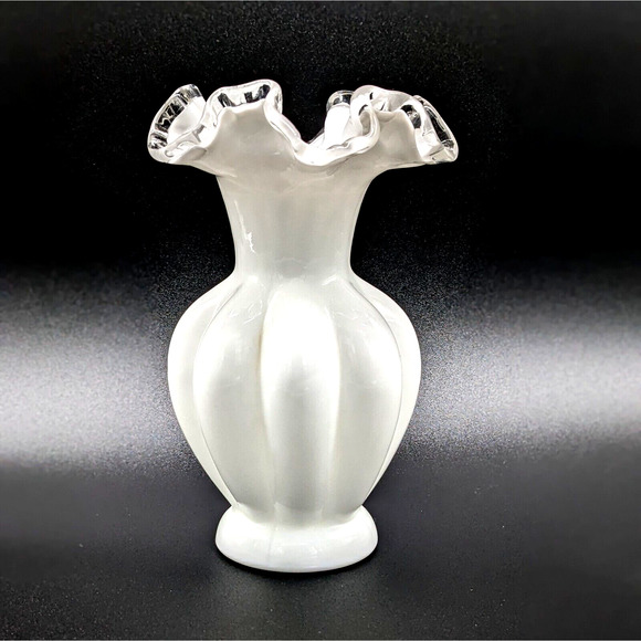 Fenton Other - Fenton Milk Glass Silver Crest Ruffled Vase Melon Body White with Clear Crest